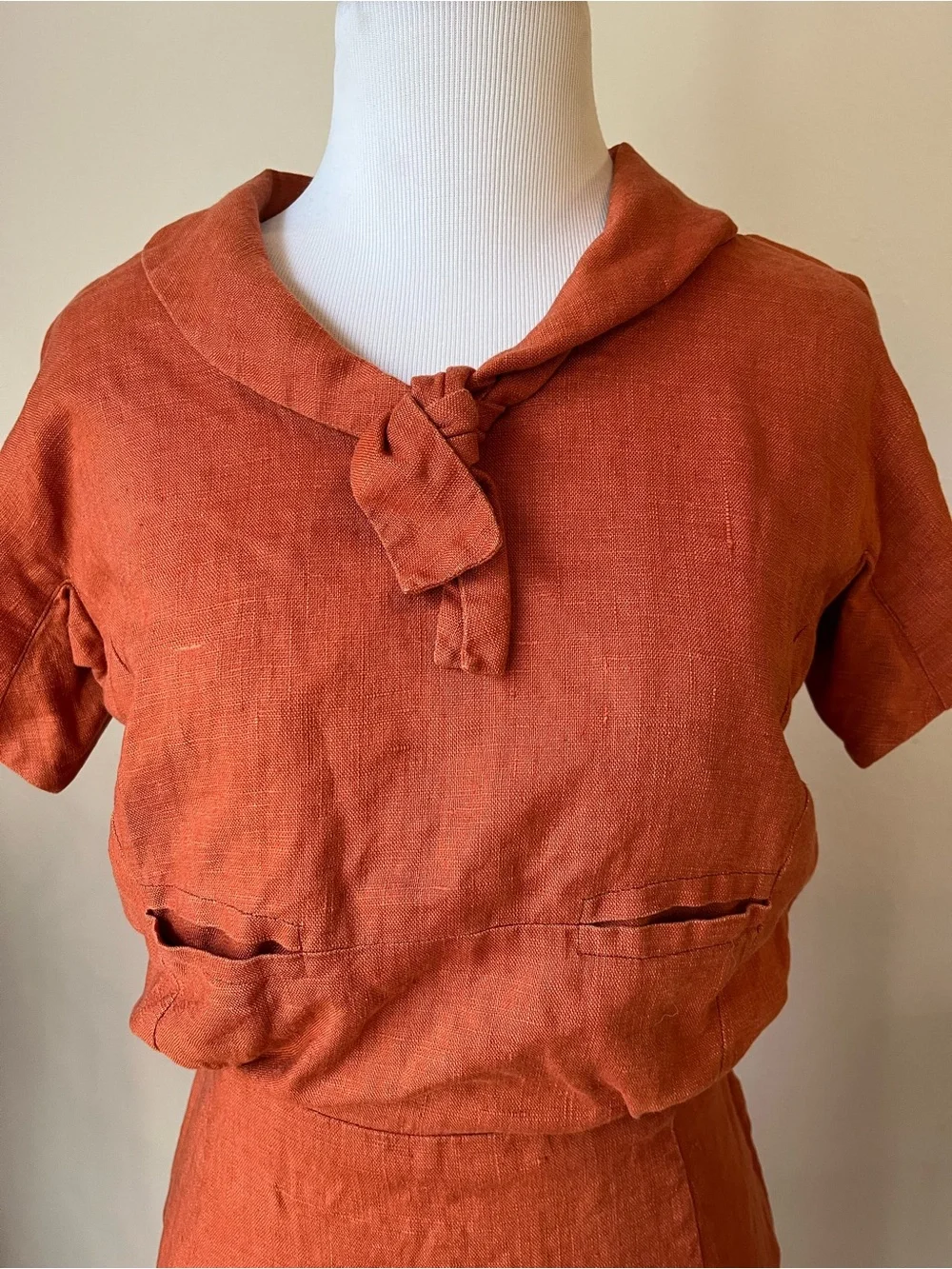 VTg 30s 40s Linen? Dress Secretary Sailor Size XS/S Burnt Orange tie neck - Picture 3 of 14